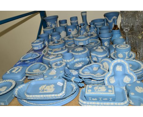 A LARGE COLLECTION WEDGWOOD BLUE JASPERWARES, to include table lighter, vases, tankards, trinkets etc