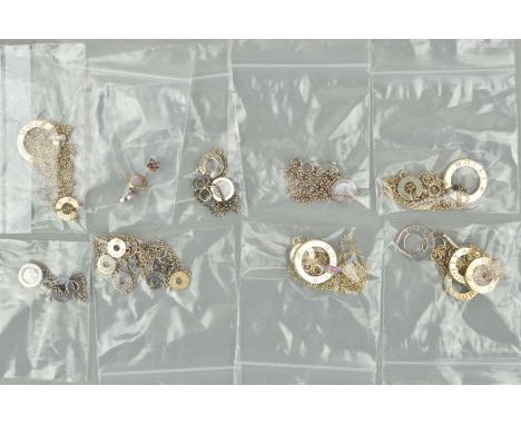 NINE MOLLY BROWN ITEMS OF SILVER JEWELLERY to include a set of jewellery designed with a circular mother of pearl panel withi