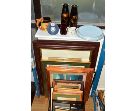 A WEDGWOOD DARK BLUE JASPERWARE CLOCK, pair lacquered 'Goldfish' pattern vases, other ceramics, a quantity of pictures and fi