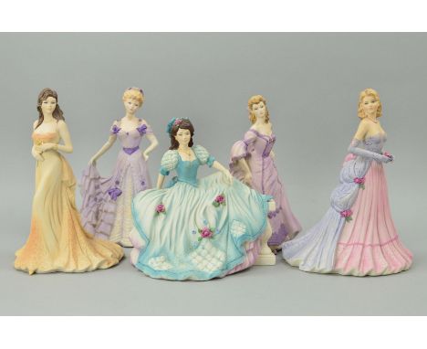FIVE COALPORT AGE OF ELEGANCE FIGURES, 'Special Occasion', 'Summer Saunter', 'First Waltz' (missing flower), 'On the Balcony'