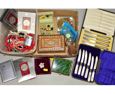 A BOX OF MAINLY COSTUME JEWELLERY to include a Stratton trinket box, a Ronson lighter, two cased sets of silver butter knives