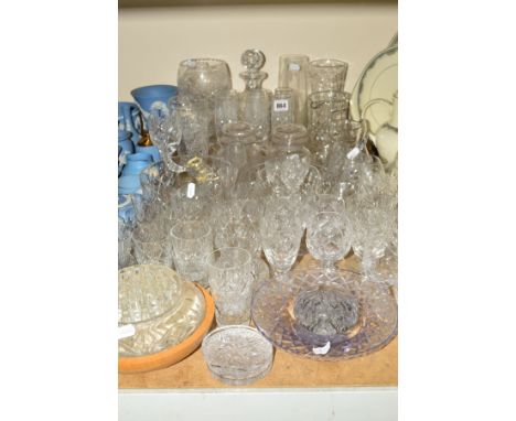 A QUANTITY OF CUT GLASS ETC, to include decanter, vases, jugs, glasses etc