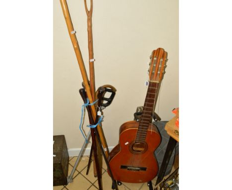 A VALENCA CLASSICAL GUITAR, (needs restringing), together with bundle of walking sticks, shooting stick, etc