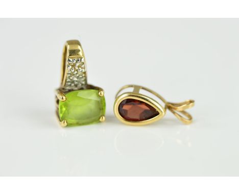 TWO GEMSTONE PENDANTS, the first designed as a pear shape garnet within a collet mount, stamped 9k, the second designed as a 