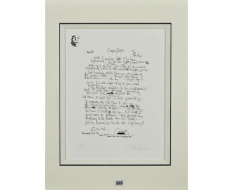 JIMI HENDRIX (AMERICAN 1942-1970) 'GYPSY EYES', a limited edition print of the lyrics to his hit record 102/295, facsimile si