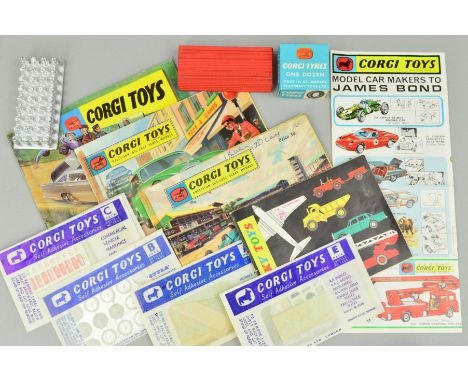 A QUANTITY OF CORGI TOYS ACCESSORIES AND LITERATURE, etc, to include opened and part used Self Adhesive Accessory Packs, A,B,