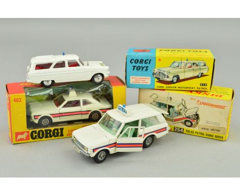 THREE BOXED POLICE CAR MODELS, Corgi Toys Ford Zephyr Motorway Patrol Car, No.419, Ford Cortina Police Car, No.402, both in v