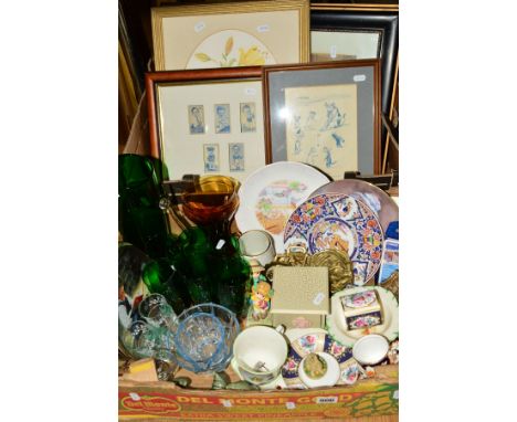 TWO BOXES OF CERAMICS, GLASS, BRASS, PICTURES etc to include fish eaters, Louis Wain print, horse brasses, green glass lemona