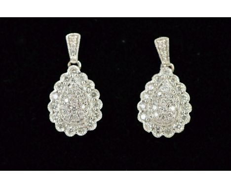 A PAIR OF 9CT WHITE GOLD DROP EARRINGS, each designed as a pear shape with scalloped edging suspended from a tapered panel, p