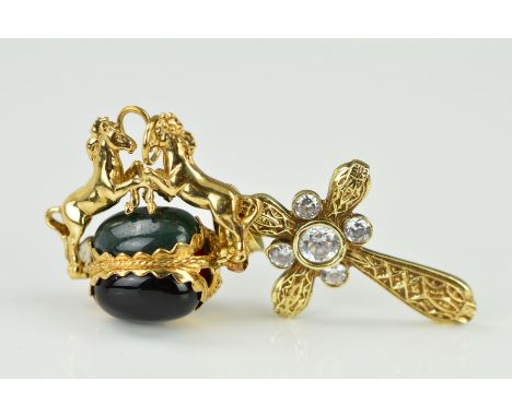 A 9CT GOLD PENDANT AND SWIVEL FOB, the cross pendant set with five central cubic zirconias, the swivel fob set with carnelian
