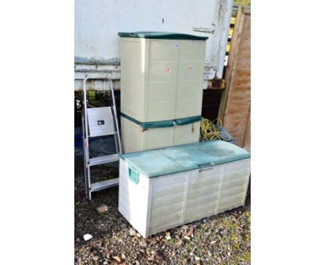 A TALL SLIM TWO DOOR GARDEN STORAGE UNIT, another garden storage box and a set of aluminium step ladders (3)