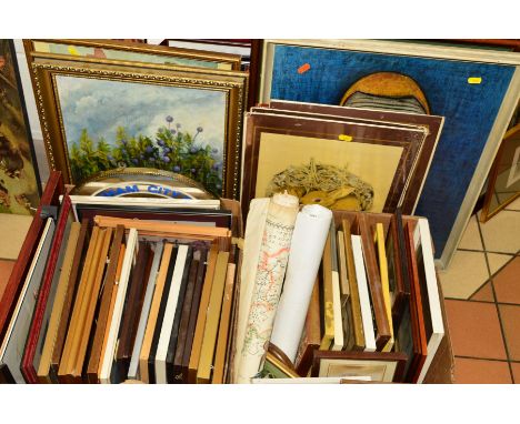 TWO BOXES AND LOOSE PICTURES AND PRINTS ETC, to include a Lily Riley oil on board of wild flowers, approximate size 44cm x 34