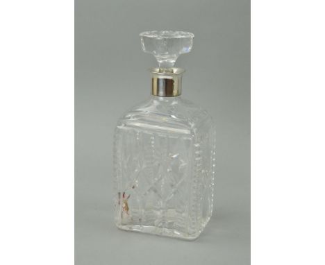 A CUT GLASS DECANTER, with 'Sterling' silver collar, height 21.5cm