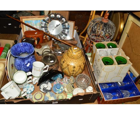 TWO BOXES AND LOOSE CERAMICS, GLASS, PICTURES, SUNDRIES etc, to include Poole Dolphin, cased binoculars, four boxed glasses s
