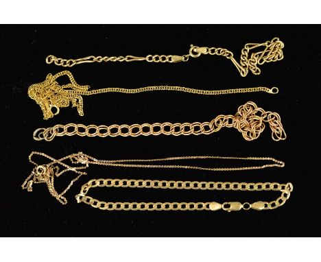 THREE CHAIN BRACELETS AND TWO CHAIN NECKLACES, the bracelets to include a flattened curb link, a double curb link and a figar