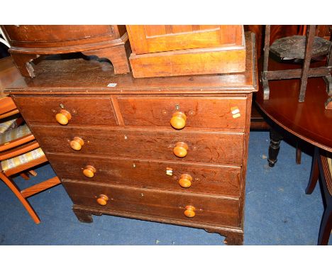 A GEORGIAN OAK CHEST of two short and three long drawers with turned handled on bracket feet, width 100cm x depth 51cm x heig