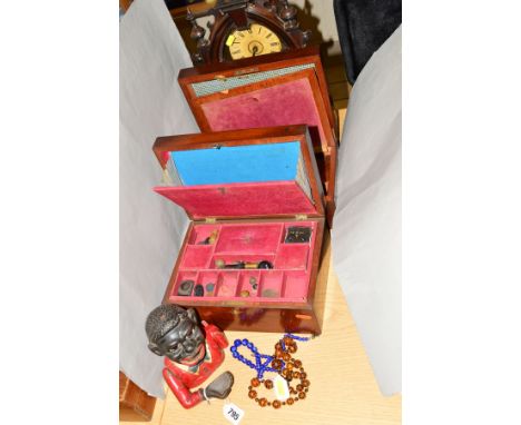 A CAST 'JOLLY' MONEY BANK, a sewing box, writing slope (sd), mantel clock (key), beads etc