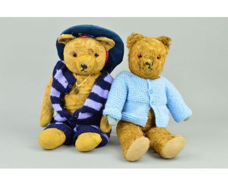 TWO WELL LOVED GOLDEN PLUSH TEDDY BEARS, first has glass eyes, vertical stitched nose, jointed body, replacement worn yellow 