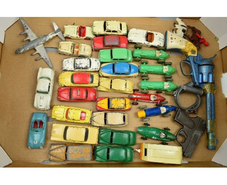 A QUANTITY OF UNBOXED AND ASSORTED PLAYWORN DIECAST VEHICLES, to include Dinky Toys Austin Somerset in red with yellow roof, 