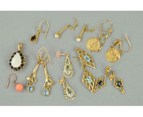 A SELECTION OF EARRINGS AND A PENDANT, the pendant with central pear shape opal within a sapphire surround, together with a s