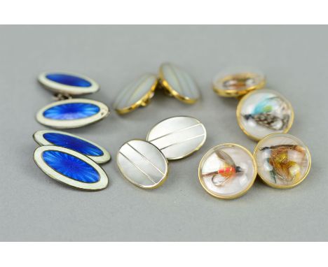 THREE PAIRS OF CUFFLINKS to include a pair of oval chain link cufflinks inlaid with mother of pearl, a pair of fishing fly cu