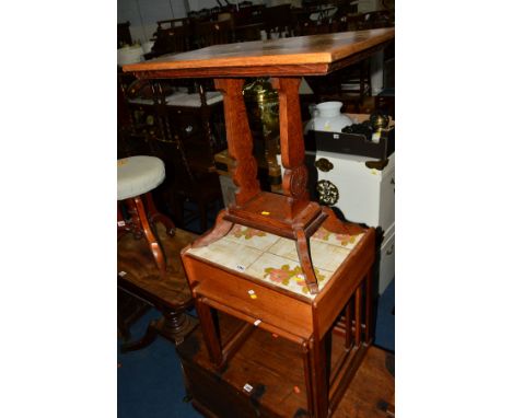 A TEAK FRAMED TILE TOP NEST OF THREE TABLES with a single drawer, together with an oak occasional table (2)