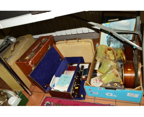 A BOX AND VARIOUS CASES etc to include clocks, Boosey &amp; Co clarinet, Masonic suitcase with booklets, dressing table items