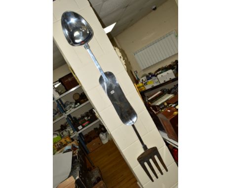LARGE NOVELTY WALL HANGINGS, shaped as a spoon and a fork, tallest height 122cm (2)
