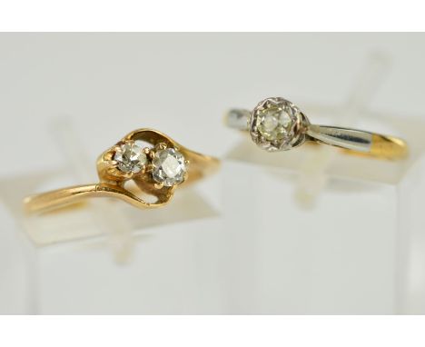 TWO DIAMOND RINGS, the first of cross over design claw set with two old cut diamonds, stamp indistinct 18ct, estimated total 