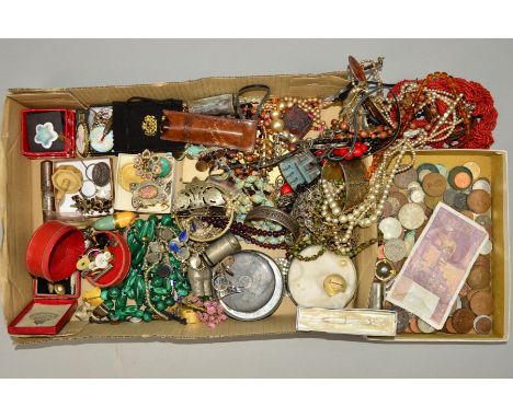 TWO BOXES OF MAINLY JEWELLERY AND COINS to include mainly currency coins, a silver compact with hallmark, a boat brooch inlai