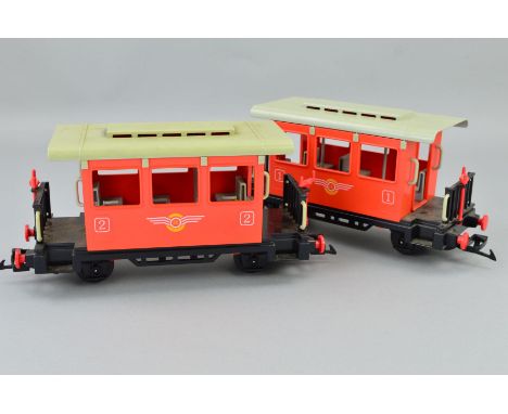 TWO UNBOXED PLAYMOBIL G SCALE PASSENGER COACHES, 1st Class (no.4117?) and 2nd Class (no.7511), both appear largely complete, 