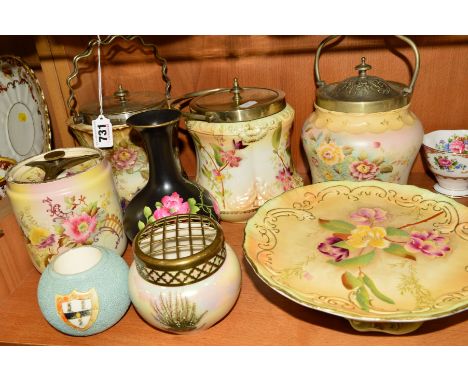 A SMALL GROUP OF CARLTONWARE CERAMICS, to include three biscuit barrels, two 'Peony' pattern, a tobacco jar 'Arvista' pattern