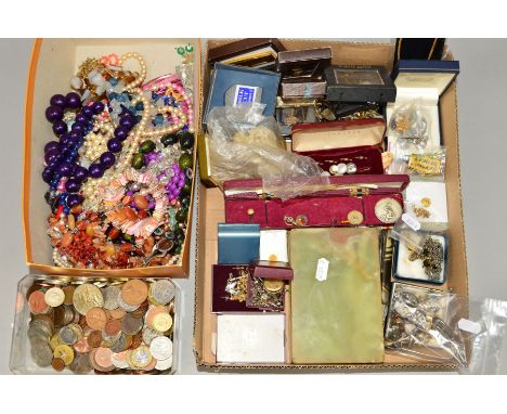 TWO BOXES OF JEWELLERY, COINS etc to include some butterfly earring backs, single ear studs and a clasp, all with marks to in