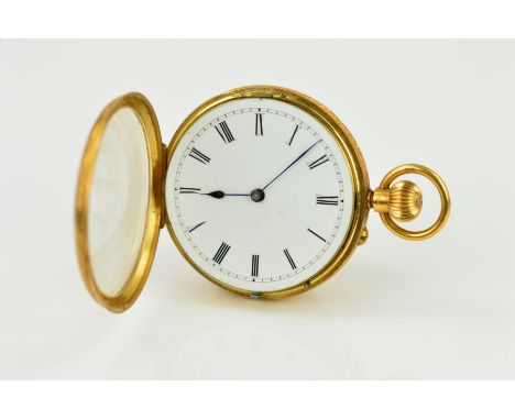 AN 18CT GOLD HALF HUNTER POCKET WATCH, case measuring approximately 40mm in diameter, white enamel dial with blue steeled han