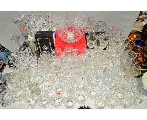 A QUANTITY OF CUT GLASS, etc, to include epergne stand with four glass flutes, boxed Royal Brierley bowl etc