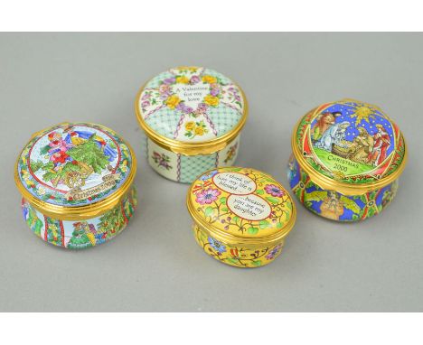 FOUR HALCYON DAYS ENAMEL BOXES, 'Christmas 2000', 'Christmas 2006', 'Valentine's Day 1997' and 'I think of how my Life is ble