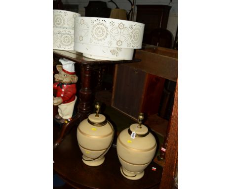 A PAIR OF TABLE LAMPS WITH SQUARE SHADES, various ceiling shades and a Hermle wall clock, (pendulum)