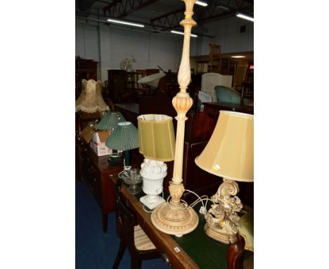 A QUANTITY OF VARIOUS INTERIOR AND EXTERIOR LAMPS, to include a foliate carved table lamp, ceramic table lamp, standard lamp,