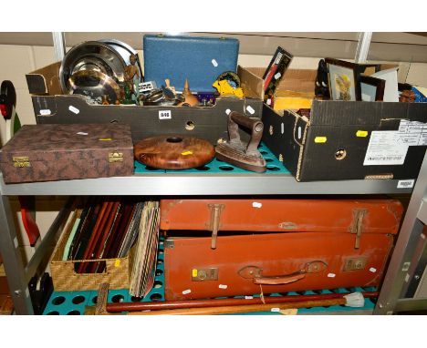 THREE BOXES AND LOOSE SUNDRY ITEMS to include pictures, small table, novelty butler stand, two walking sticks, flat irons, a 