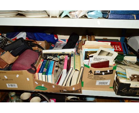 SEVEN BOXES AND LOOSE SUNDRIES AND EPHEMERA, to include postcards, books (Antique Collectors Guides), cameras, flags, tennis 