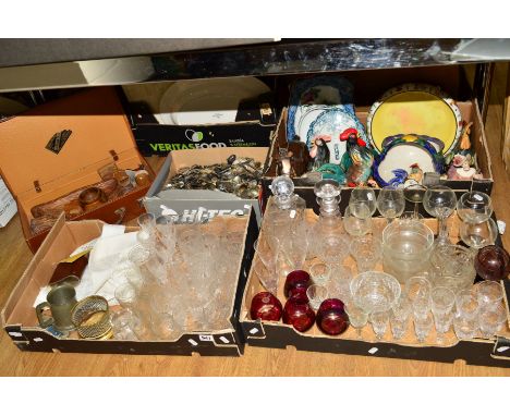 FOUR BOXES AND A SUITCASE OF GLASSWARES, CERAMICS, COLLECTORS SPOONS, ETC, to include a tin lined German hipflask, cut glasse