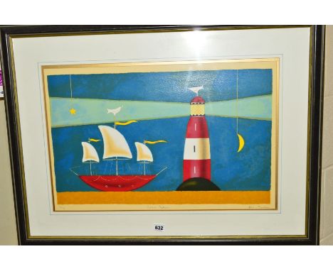 ADAM BARSBY (BRITISH 1969) 'Lovers Return', a stylised ship, lighthouse and birds, a limited edition print 22/275, signed, ti