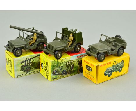 THREE BOXED FRENCH DINKY TOYS JEEPS, Hotchkiss-Willys, No.80B, SS-10 Missile Launcher, No.828, complete with driver and three