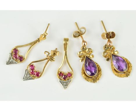 TWO PAIRS OF EARRINGS AND A PENDANT to include a pair of amethyst drop earrings, the pear shape amethyst with wreath style su