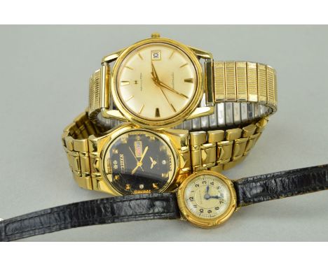 THREE WATCHES to include two gentleman's gold coloured wristwatches, a Hamilton and a Citizen, together with an early 20th Ce