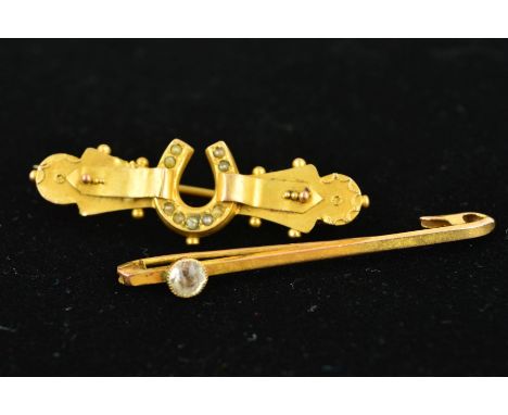 TWO LATE 19TH TO EARLY 20TH CENTURY 9CT GOLD BROOCHES, the first designed with a central horse shoe set with split pearls to 