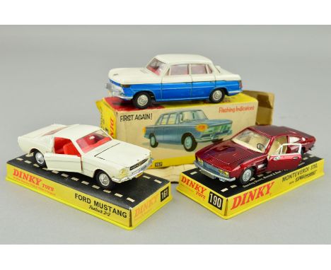 THREE BOXED DINKY TOYS CAR MODELS, B.M.W 2000 Tilux, No.157 (indicators not tested), Ford Mustang Fastback, No.161 and Montev