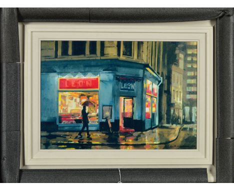 CHARLES ROWBOTHAM (BRITISH CONTEMPORARY) 'LATE AT LEON', a Parisian cafe on a rain soaked night, a limited edition print 15/1