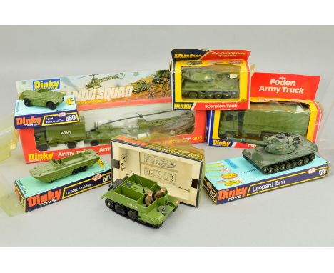 A QUANTITY OF BOXED DINKY TOYS MILITARY ITEMS, Commando Squad Set, No.303, Foden Army Truck, No.668, Scorpion Tank, No.690 (m