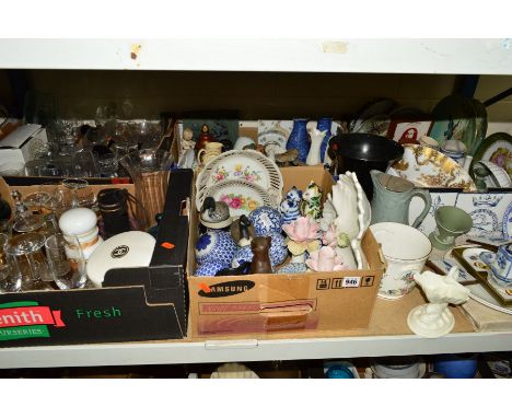 FIVE BOXES OF CERAMICS, GLASS ETC, to include Delft, Spode, Worcester, Aynsley, Derby, Scent bottles (empty) etc (sd)